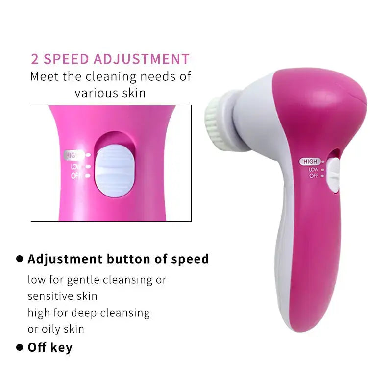 5-in-1 Electric facial cleansing brush and massager pink handheld device with two-speed adjustment and brush head
