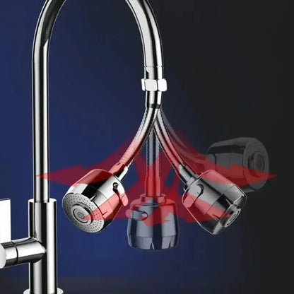 Universal Kitchen Faucet Adapter - Water-Saving Performance For Precise Cleaning + 360 Rotation showing chrome faucet extender with 360° swivel and dual spray modes