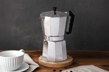 Moka Pot – Café-Quality Espresso At Home, Daily Brew Convenience + 600ml Capacity stainless steel moka pot on wooden board with cup