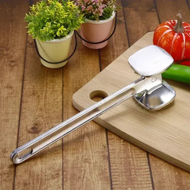 Meat Tenderizer – Evenly Tenderizes Beef, Veal, Pork + Double-Sided Aluminum Hammer for Quick Prep on wooden board with vegetables