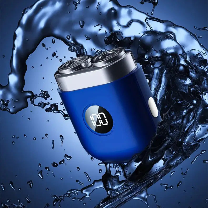 Rechargeable beard shaver in blue, waterproof design with dual rotary heads, showcased against a water splash.