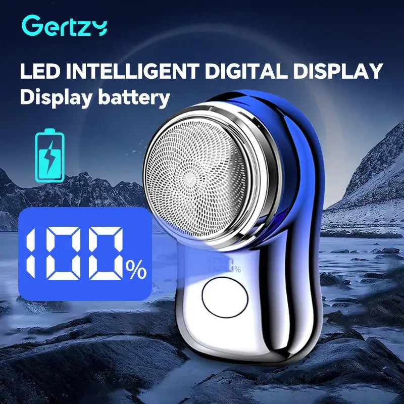 Rechargeable electric shaver for men with LED intelligent digital display showing battery level at 100%.