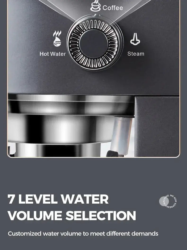 Espresso Machine – Cafe-Quality Drinks + 4-In-1 Capsule Pod NES ESE Ground Coffee control dial showing coffee, hot water and steam with stainless steel drip tray