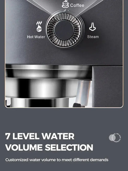 Espresso Machine – Cafe-Quality Drinks + 4-In-1 Capsule Pod NES ESE Ground Coffee control dial showing coffee, hot water and steam with stainless steel drip tray