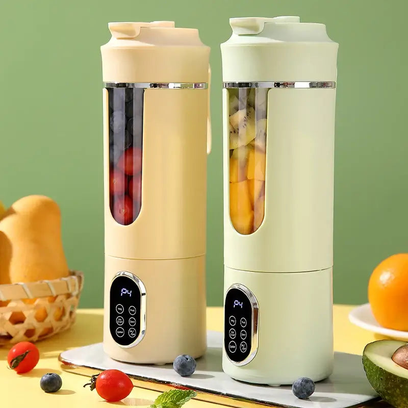 usb rechargeable juicer cup - Effortless Blending Anywhere, featuring two colors with fruits inside.