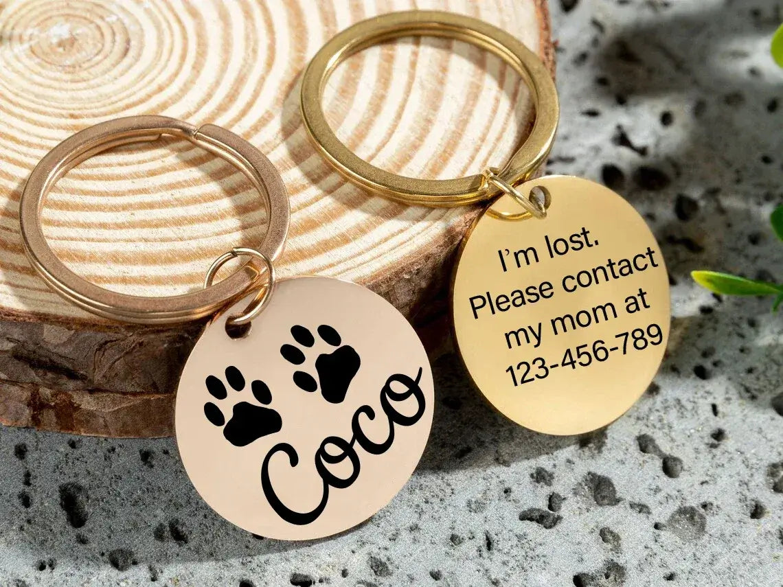 Dog Tag – Permanent Engraving For Legibility + Stainless Steel Quick Release Attachment - circular engraved pet tag with name Coco, paws and contact number