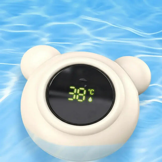 Baby Bath Thermometer – Safe Bath Time + Digital LED Display Waterproof Floating Duck Toy showing 38°C on LED display floating in pool