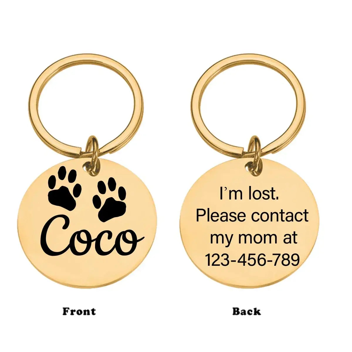 Dog Tag – Permanent Engraving For Legibility + Stainless Steel Quick Release Attachment: gold circular pet tag with paw print, engraved name ‘Coco’ and contact number