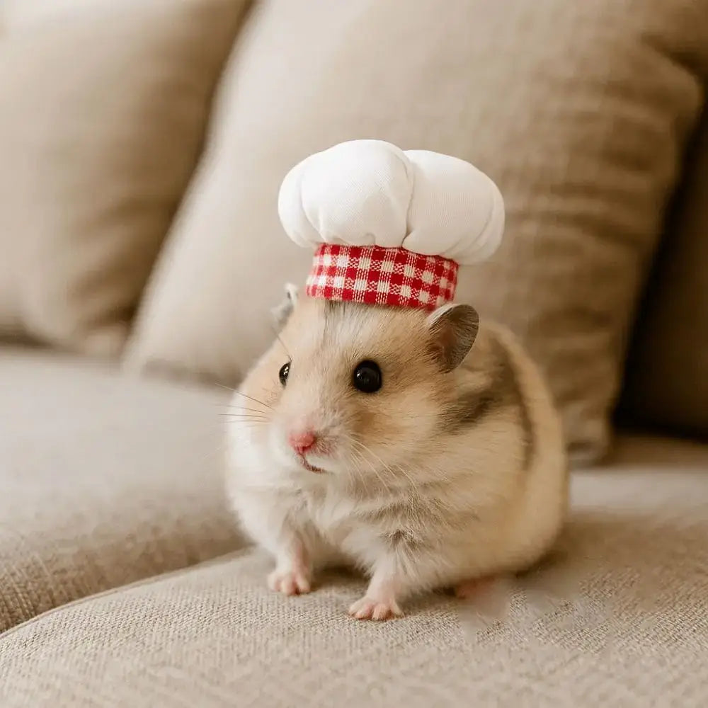 Hamster Chef Hat – Breathable Comfort All Day Wear + Adjustable Fit For Plush Ears small hamster wearing adjustable breathable chef hat with plush ears
