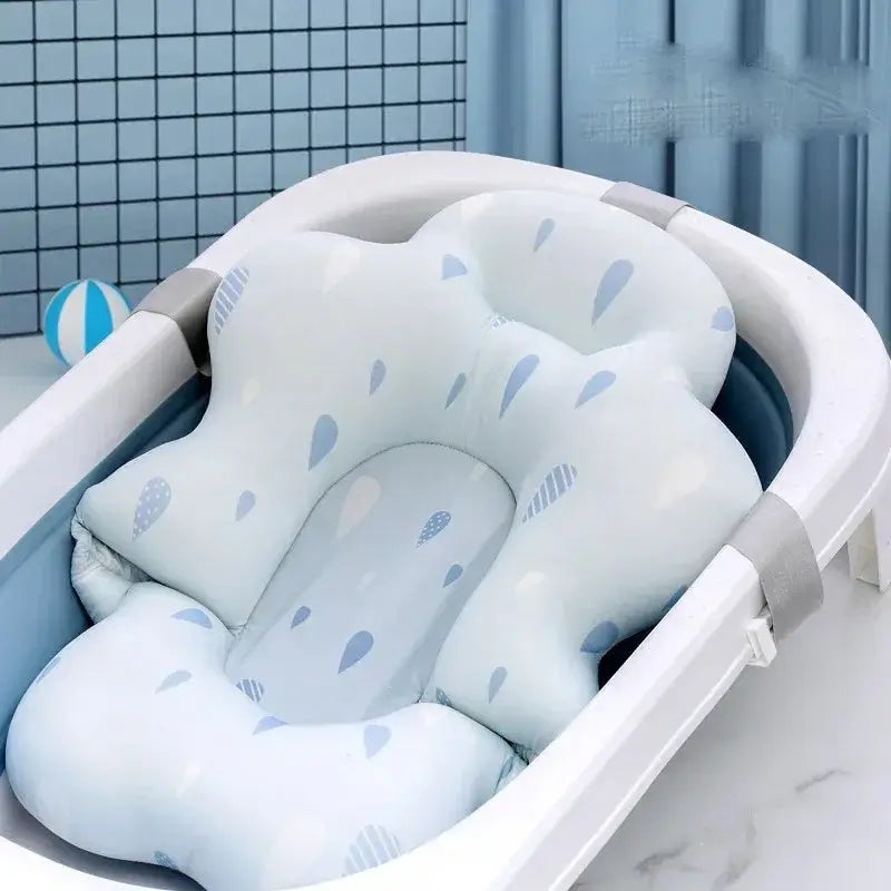 Baby Bath Mat - Secure Bath Time For Newborns + Non-Slip Pad in white blue cushioned newborn tub support with non-slip straps