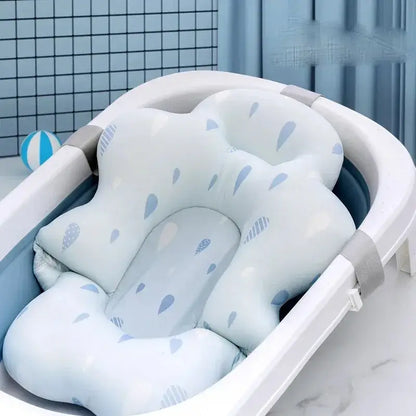 Baby Bath Mat - Secure Bath Time For Newborns + Non-Slip Pad in white blue cushioned newborn tub support with non-slip straps
