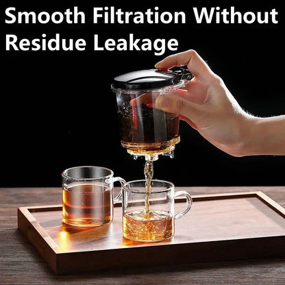 Glass Teapot 1L – Rich Aroma + One-Click Filter System pouring clear tea with one-click filter preventing residue leakage