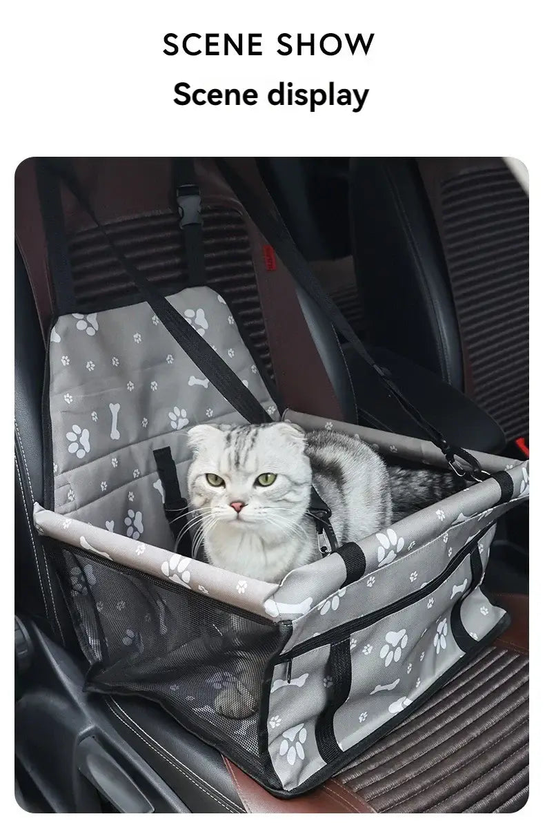 Pet Booster Seat – Safer Rides + Adjustable Seat Belt cat in breathable grey booster seat secured with adjustable safety belt