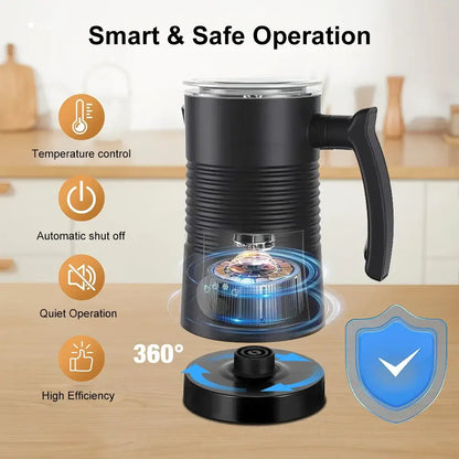 Milk Frother - Café-Quality Foam In Seconds + 4-In-1 electric automatic rotary milk frother showing 360° base and smart safe operation features