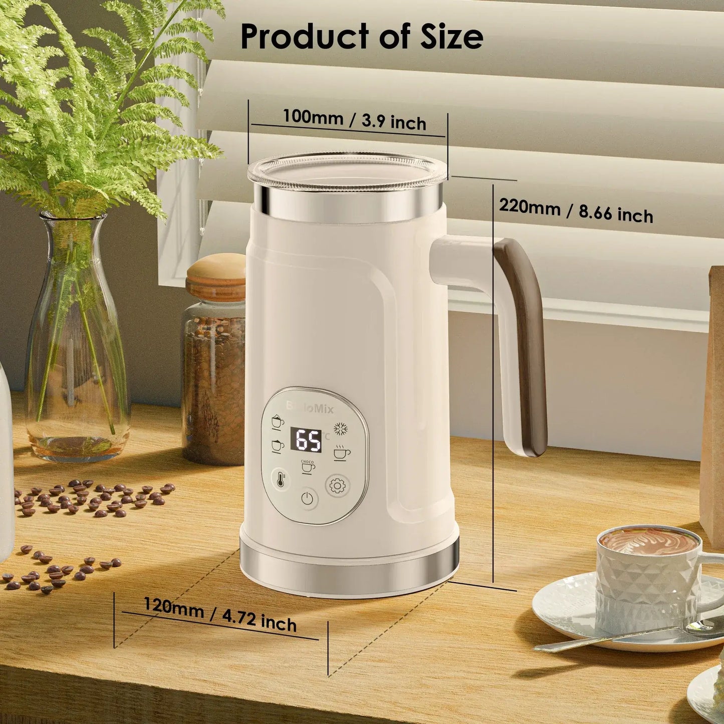 Milk Frother – Cafe-Quality Foam + 5-in-1 Function white BioloMix frother with LED display and dimensions on kitchen counter