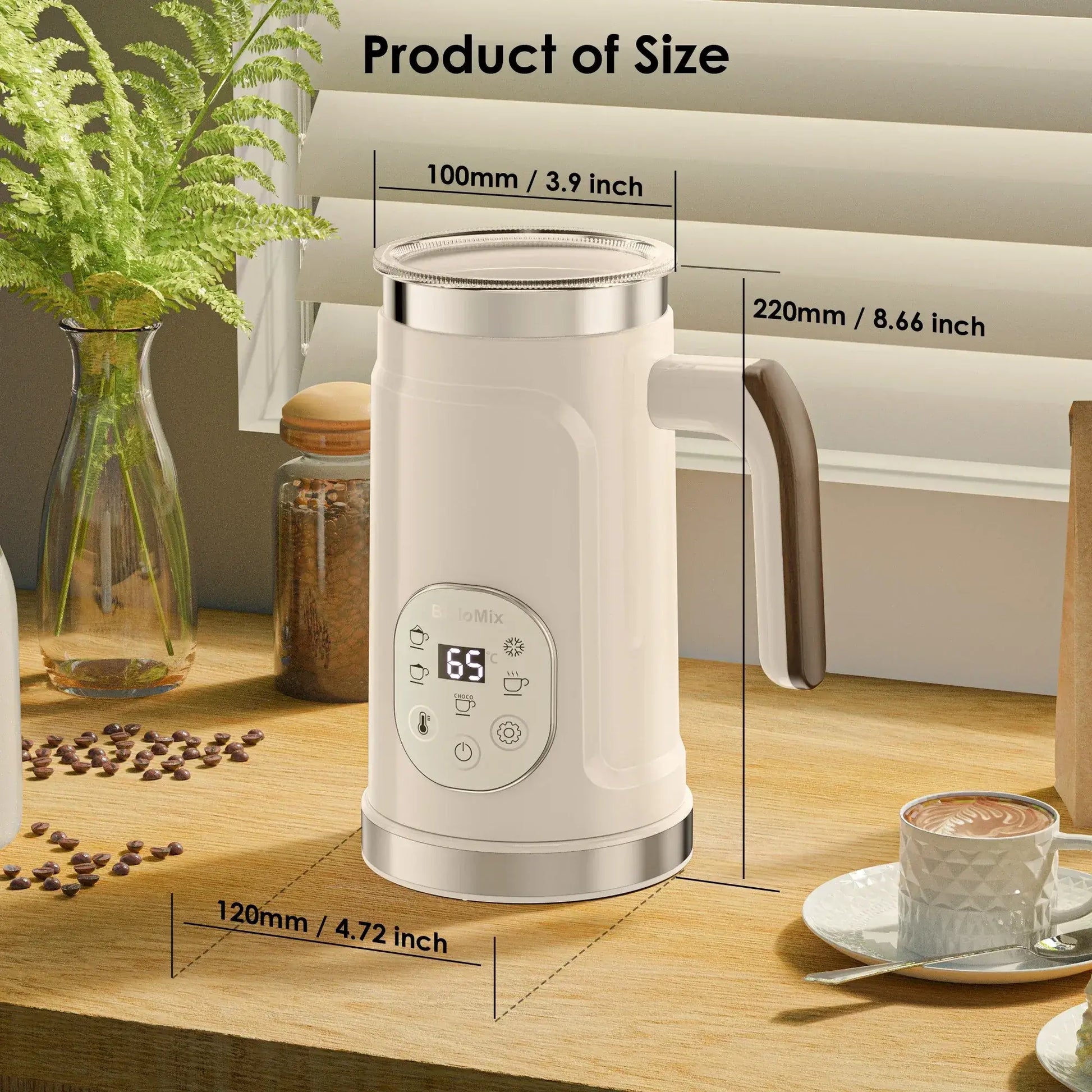 Milk Frother – Cafe-Quality Foam + 5-in-1 Function white BioloMix frother with LED display and dimensions on kitchen counter