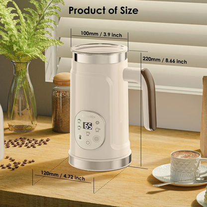 Milk Frother – Cafe-Quality Foam + 5-in-1 Function white BioloMix frother with LED display and dimensions on kitchen counter