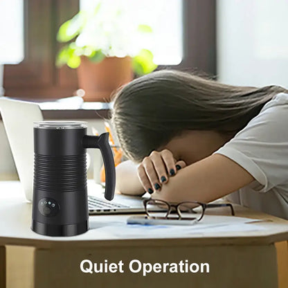 Milk Frother - Café-Quality Foam In Seconds + 4-In-1 shown on desk with quiet operation and sleeping person