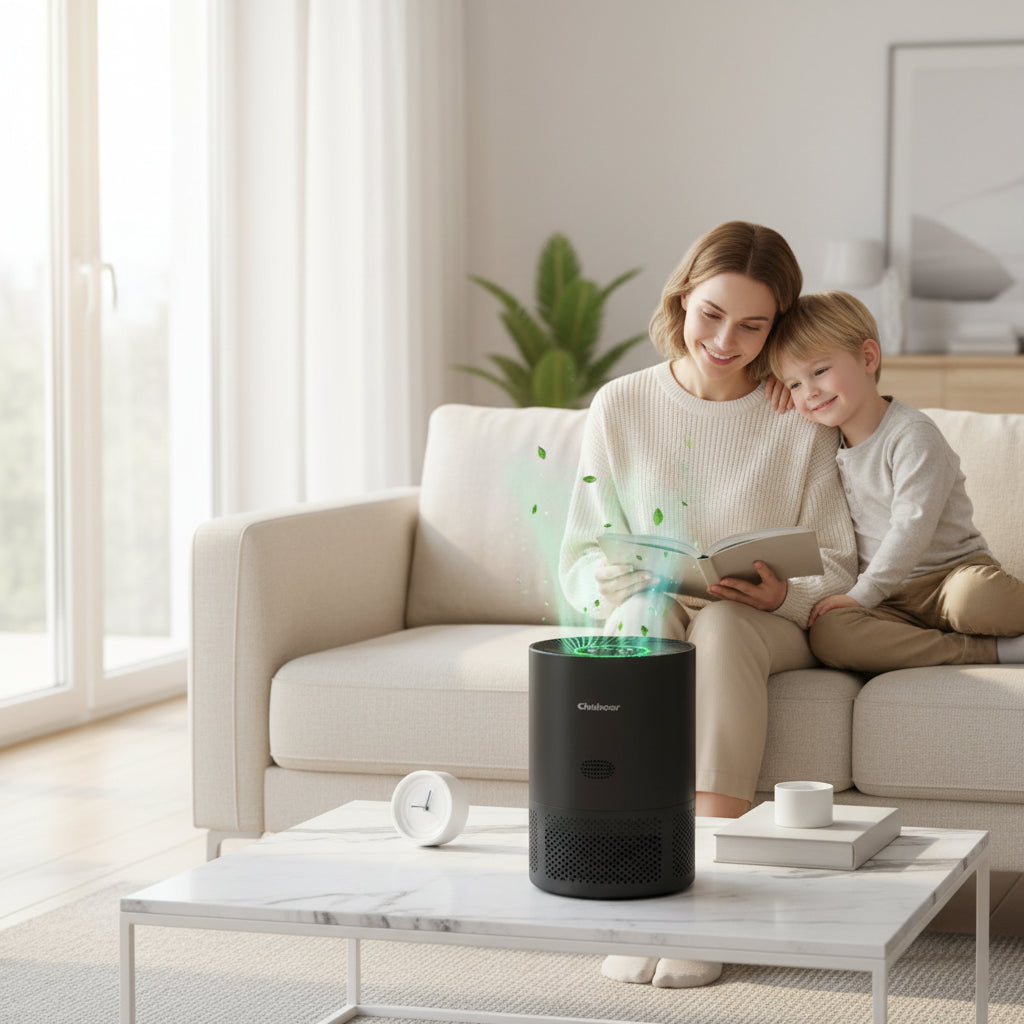 Chuboor PJ01 best compact air purifier in a cozy living room with a mother and son enjoying fresh air.