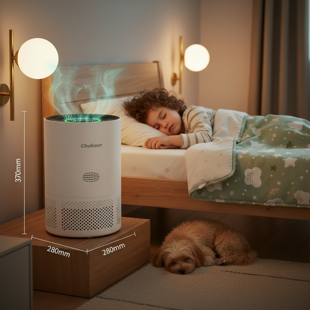 Chuboor PJ01 Air Purifier next to sleeping child and dog, best compact air purifier for allergies and pet hair.