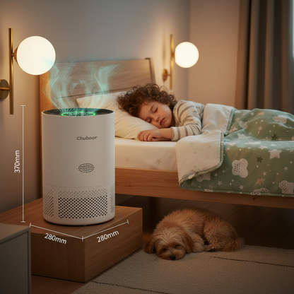 Chuboor PJ01 Air Purifier next to sleeping child and dog, best compact air purifier for allergies and pet hair.