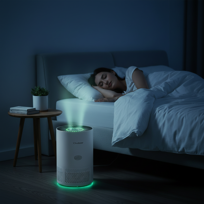 Chuboor PJ01 best compact air purifier in a bedroom, reducing allergens while user sleeps peacefully.
