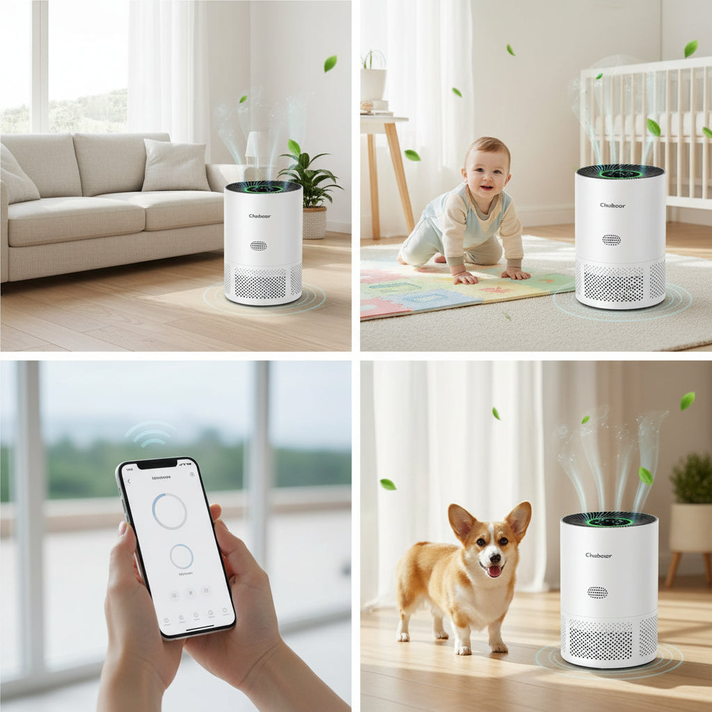 best compact air purifier in a modern home, filtering air around a baby and pet, showcasing its efficiency.