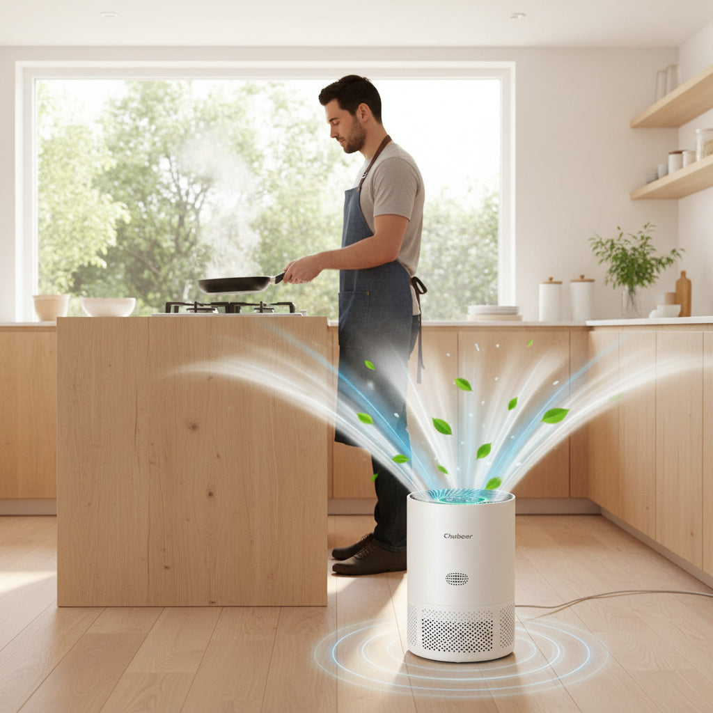 Best compact air purifier in a kitchen reducing cooking odors and maintaining fresh air quality.