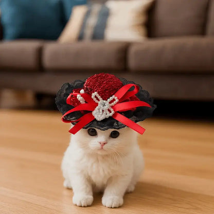 Alt Tag: Pet Halloween Hat – Festive Shimmer + Adjustable Elastic Band For Cats And Small Pets — white kitten wearing red sequin British-style lace hat with ribbon