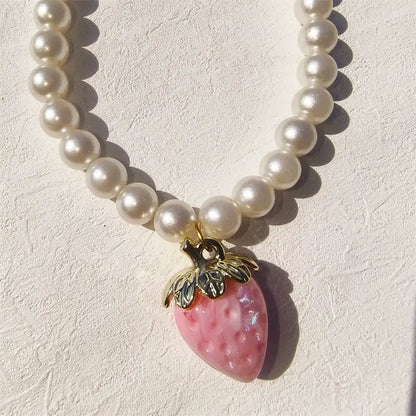 Pet Collar With Pearl Necklace - Pet-Safe Comfort + Lightweight Resin Design For Everyday Wear - lightweight resin pearls with pink strawberry pendant