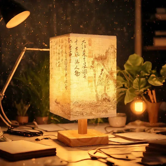 LED table lamp ambient glow with fabric lampshade and wooden base in a cozy workspace setting.