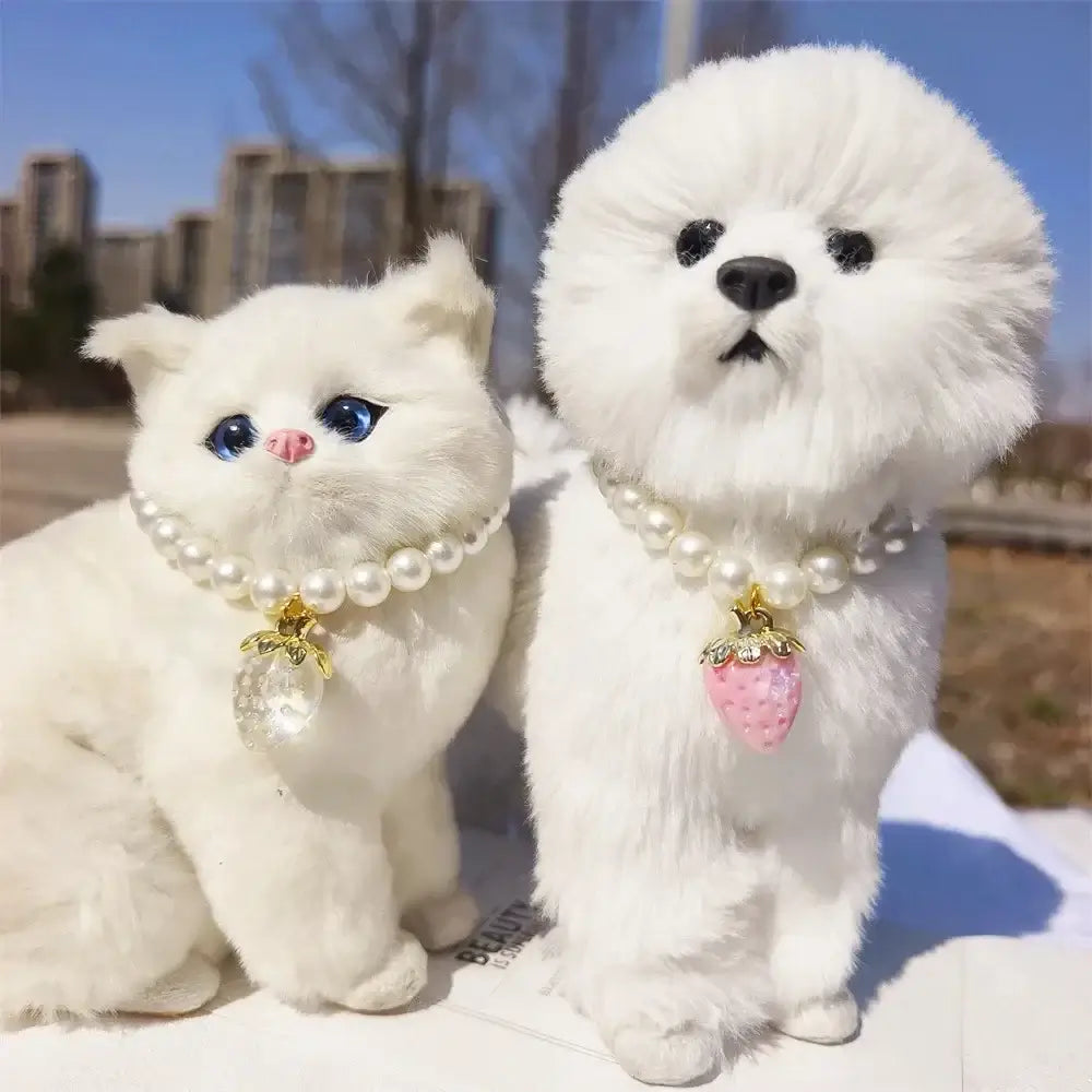 Pet Collar With Pearl Necklace - Pet-Safe Comfort + Lightweight Resin Design For Everyday Wear on white cat and dog with strawberry pendant