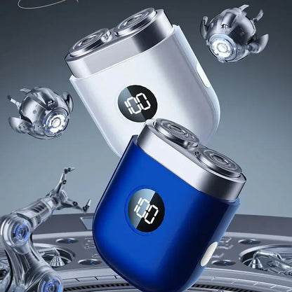 Rechargeable beard shaver in blue and white colors showcasing dual-head rotary design for convenient grooming.