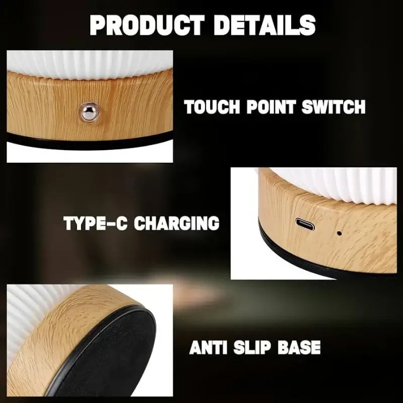 Rechargeable Cordless Mood Lighting For Bedroom And Living Room product details: touch point switch, Type-C charging, anti-slip base.
