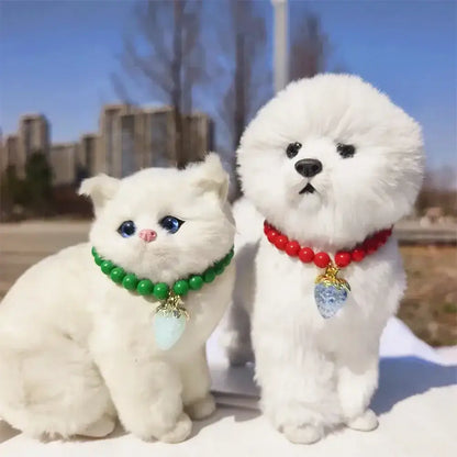 Pet Collar With Pearl Necklace - Pet-Safe Comfort + Lightweight Resin Design For Everyday Wear on white kitten and puppy with strawberry pendants