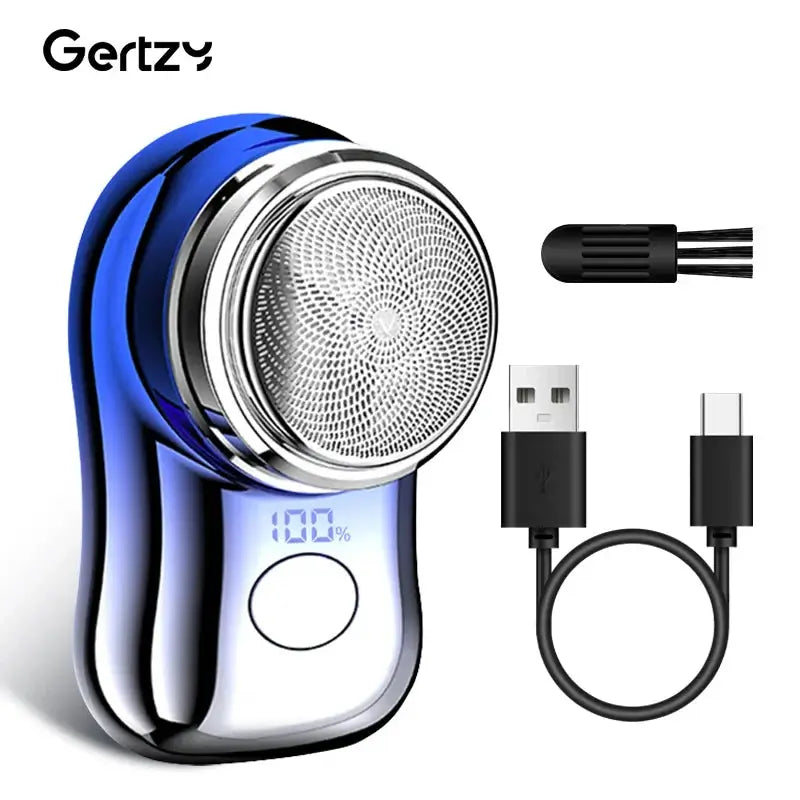Rechargeable electric shaver for men with stainless steel blade and USB charger, compact design for easy travel.