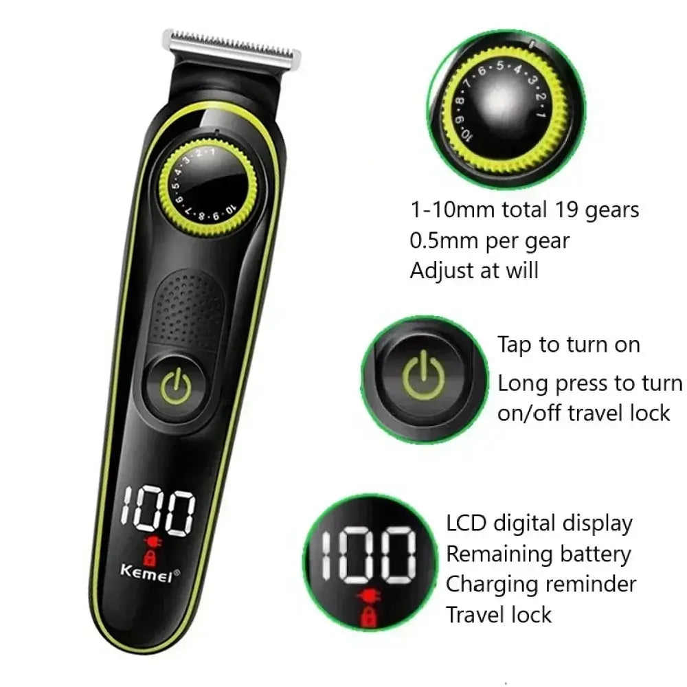 Kemei KM-696 hair trimmer with adjustable gears, LCD display, and travel lock features in a men's grooming kit.