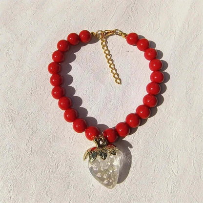 Pet Collar With Pearl Necklace - Pet-Safe Comfort + Lightweight Resin Design For Everyday Wear, red bead collar with strawberry pendant