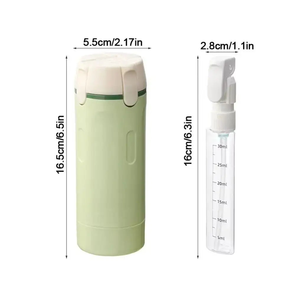 4 In 1 Travel Refillable Leak Proof Bottle Set 30ml compact green case with clear 30ml spray bottle and measurements, leak‑proof travel toiletry kit