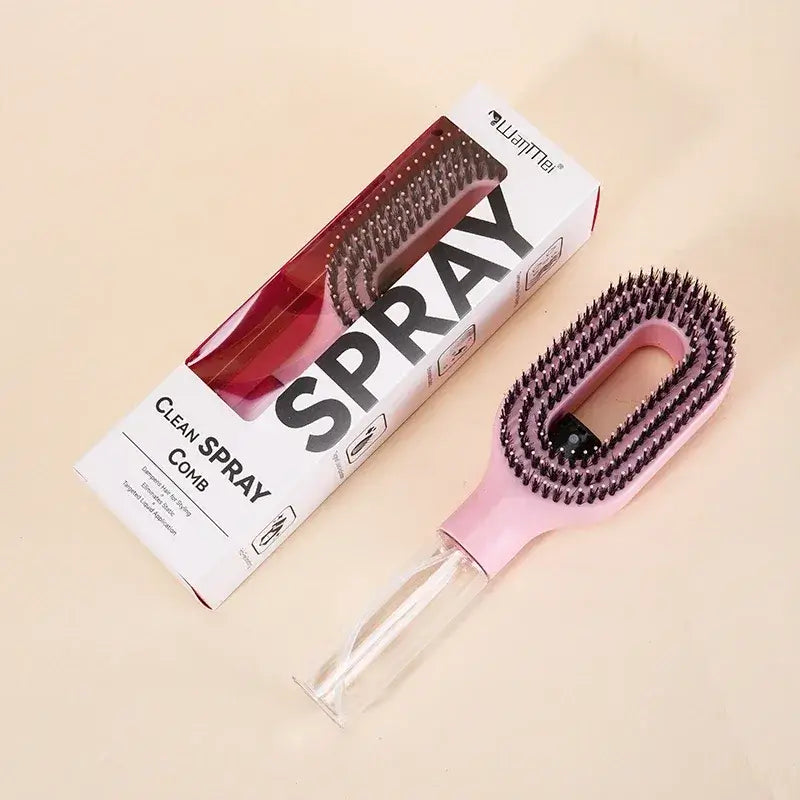 2-in-1 Spray Comb – Pain-Free Detangling for Smooth Hair compact pink spray bottle comb with detangling bristles and scalp massager