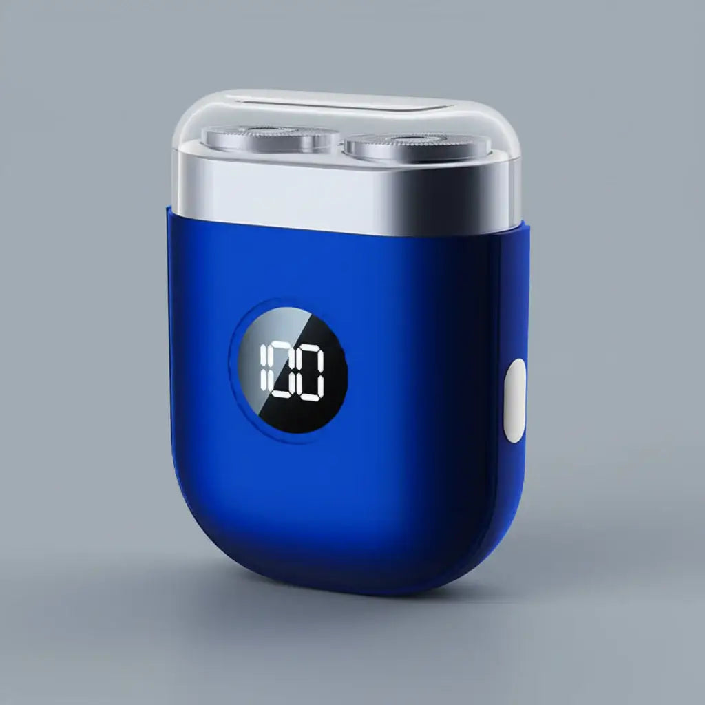 Rechargeable beard shaver in blue, featuring a digital display for battery life, compact and ideal for on-the-go grooming.