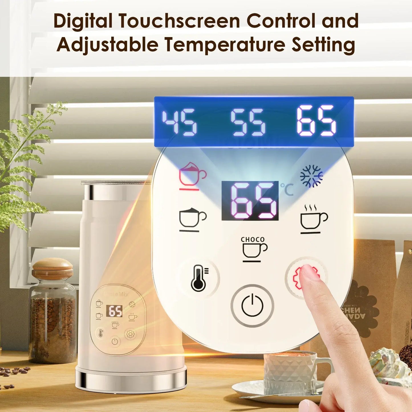 Milk Frother – Cafe-Quality Foam + 5-in-1 Function digital touchscreen display showing 65°C temperature