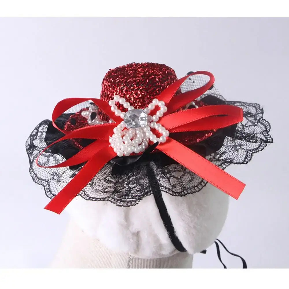 Pet Halloween Hat – Festive Shimmer + Adjustable Elastic Band For Cats And Small Pets on a cat mannequin, red sequin British-style lace design