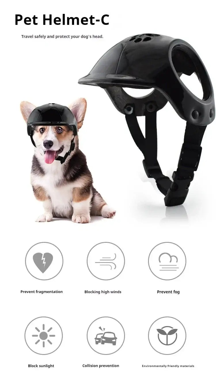 Pet Helmet – Bump-Proof Outdoor Head Protection + PU Outer Shell on small dog with adjustable strap, ventilated, EVA padded