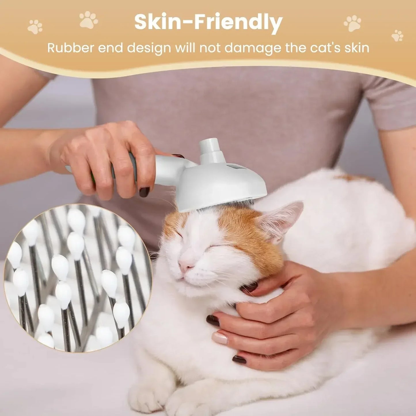 Multifunctional pet grooming tool being used on a cat, showcasing its skin-friendly rubber design.