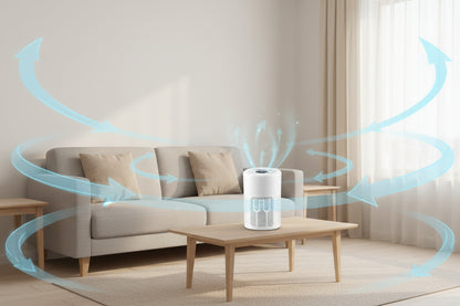 Compact desktop air purifier delivering clean air flow in a modern living room setting.