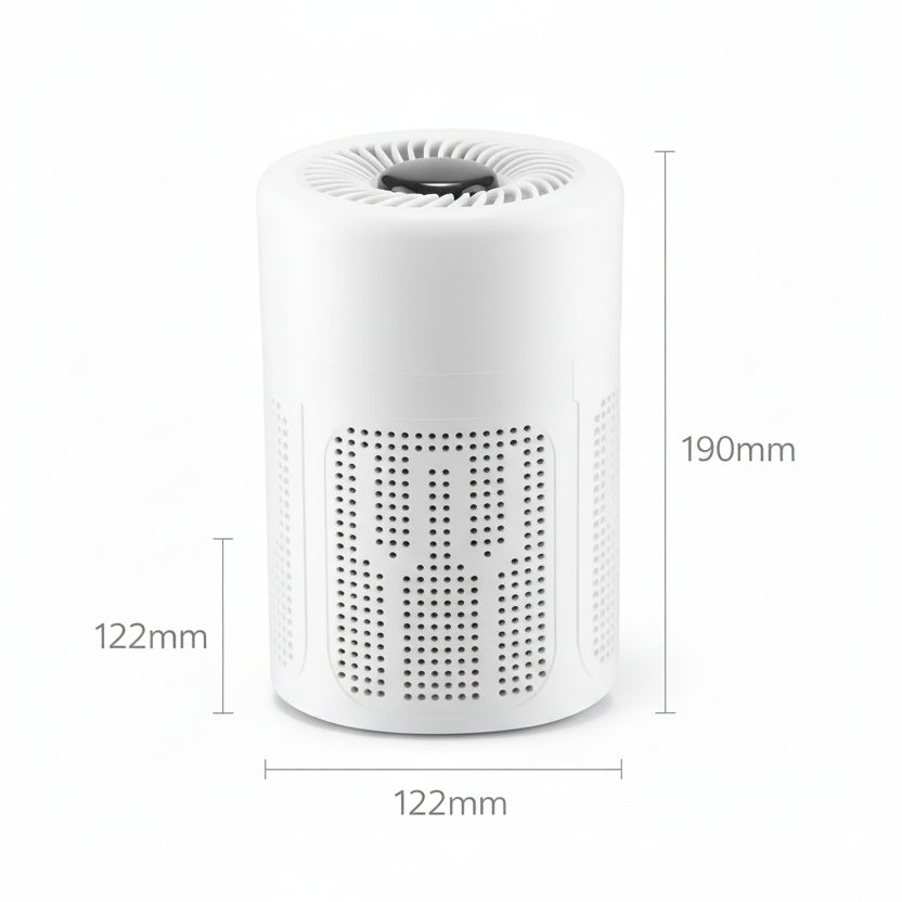 Compact desktop air purifier dimensions and design showcasing a white cylindrical air cleaner.