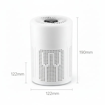 Compact desktop air purifier dimensions and design showcasing a white cylindrical air cleaner.
