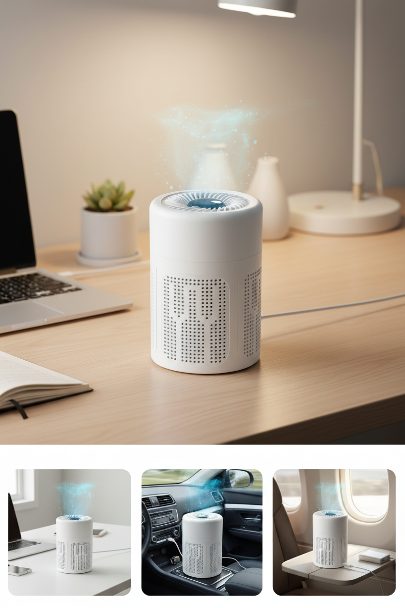 Compact desktop air purifier for home or office, featuring USB power and multi-stage filtration.