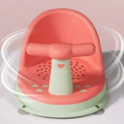Anti-Slip Baby Bath Seat With Suction Cup Base and Detachable Armrests in pink and green design.